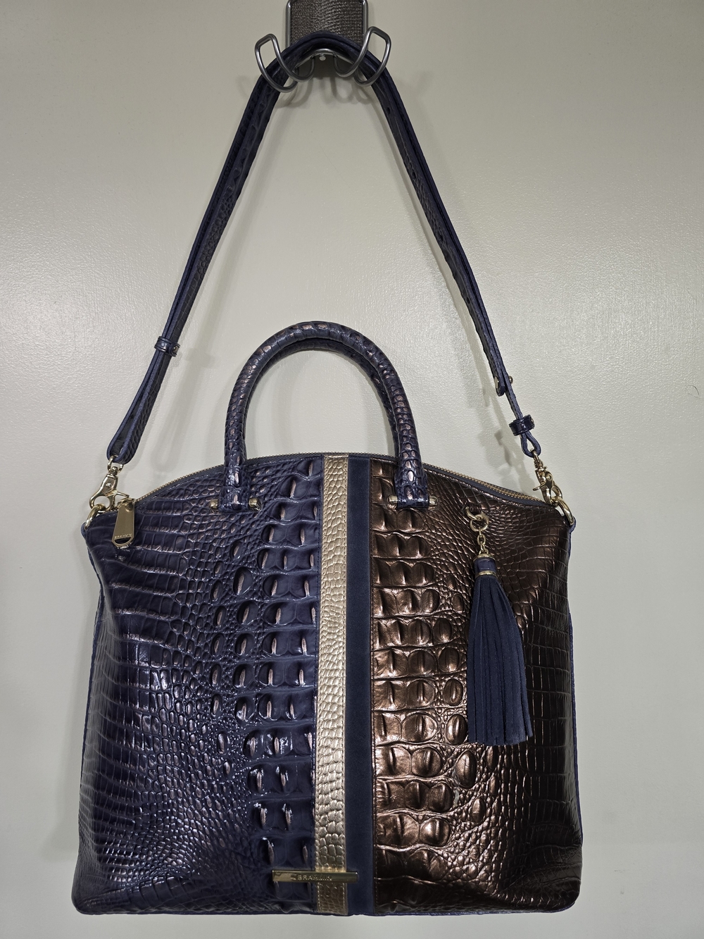 Brahmin Women's Croc-Embossed Dual-Tone Tote with Tassel - Navy & Bronze
